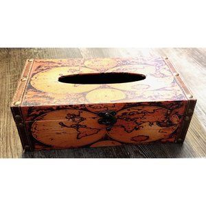 Retro World Map Tissue Box Holder / Faux Leather? Cover Rustic History Tabletop